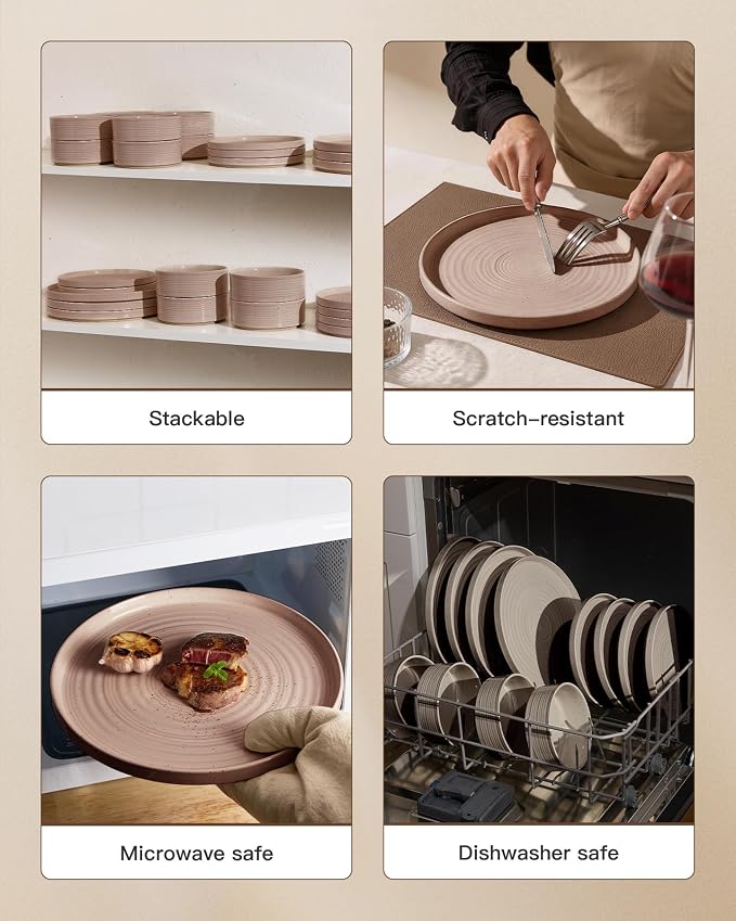 Stoneware Dinnerware Sets for 8, 24-Piece High Edge Plates and Bowls with Speckled Glaze & Spiral Design - Chip & Scratch Resistant, Microwave & Dishwasher Safe - Gift Box, Brown
