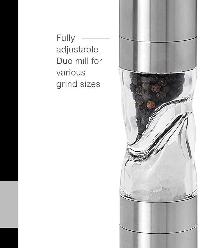 AdHoc Duomill Pure Salt and Pepper Combo Mill - Stainless Steel Salt & Pepper Mill - Handy Salt & Pepper Grinder - Stainless Steel