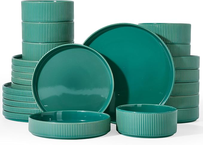 Famiware Star 24-Piece Stoneware Dinnerware Set for 6 – Shallow Pasta Bowls & Flat Plates – Everyday & Formal, Modern Rustic Dishes – Chip & Scratch Resistant, Microwave & Dishwasher Safe, Sage Green