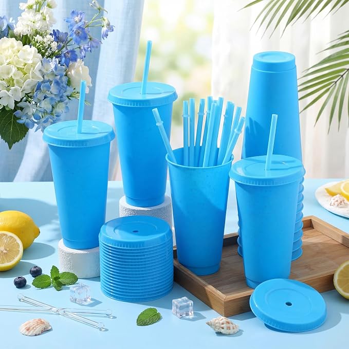 Honeydak 30 Pack Tumbler with Straw and Lid Bulk Cups for Gifts Glitter Plastic Coffee Cups 24-27 oz Reusable Water Bottle Iced Coffee Travel Mug Party Favors for Birthdays Travel (Solid Light Blue)