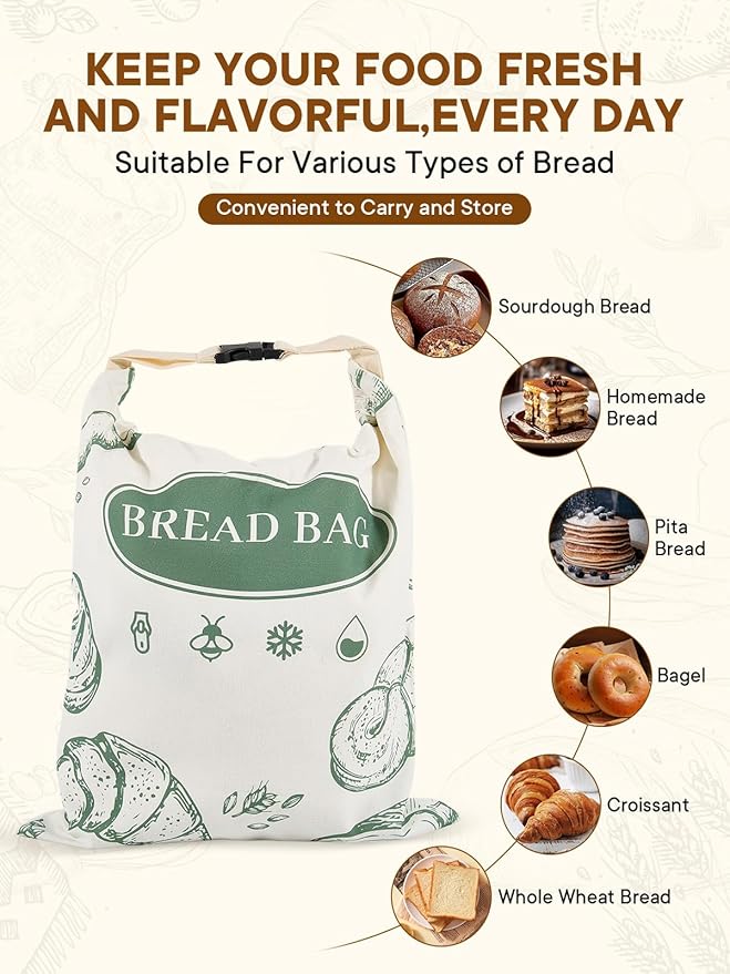 2 Pack Zippered Beeswax Bread Bags 17×13 Inch Large Cotton Sourdough Bread Bags Reusable Bread Storage Bags for Homemade Bread Freezer Safe for Bagel Croissant & Baguette Kitchen Baking Supplies