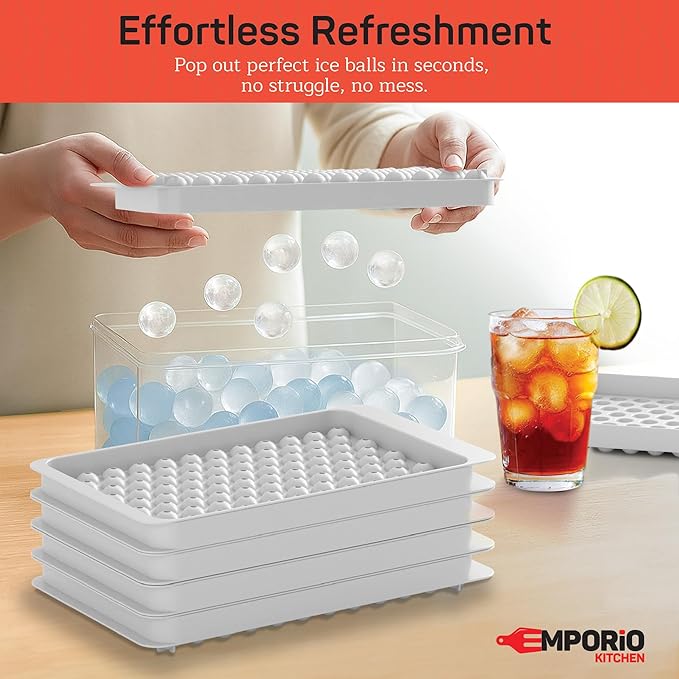 Emporio Kitchen Round Ice Cube Tray Set Pack of 1, BPA-Free Stackable Trays with Lid & Tongs, 104 Ice Balls Per Tray for Whiskey, Drinks, and Cocktails, Quick Release Round Ice Cube Mold, White