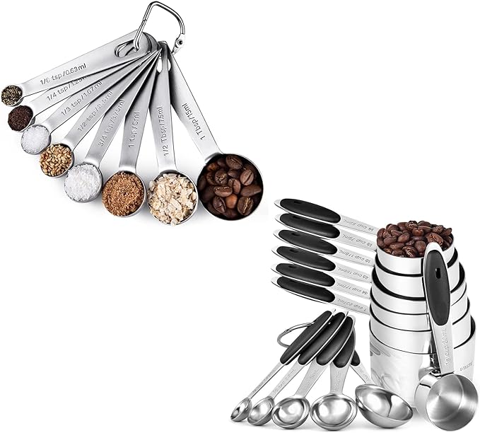 U-Taste 18/8 Stainless Steel Measuring Spoons Set for Dry and Liquid Ingredients(Set of 8), and Upgraded Measuring Cups and Spoons Set of 12 with Reinforced Welded Handle (Black)