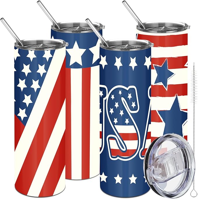 Norme 4 Pcs American Flag Tumbler Patriotic Gift 20oz 4th of July Independence Day Stainless Steel Tumbler with Lid Straw Brush Insulated Travel Mug Cup for Fathers Day Memorial Veteran