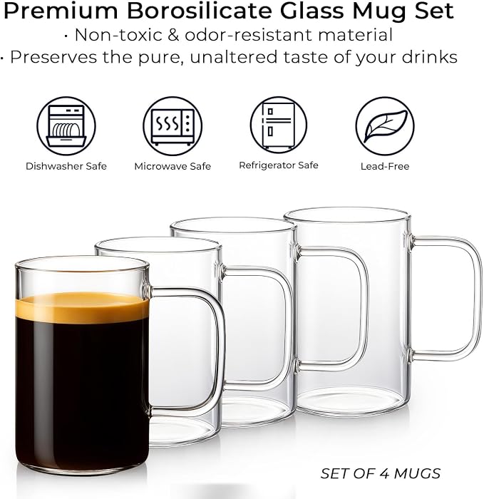 Aquach 18oz Glass Coffee Mugs Set of 4, Large Clear Borosilicate Cups | Dishwasher/Microwave Safe, Single-walled, Smooth Rim, Handle Comfort, Large Capacity Fits Hot/Cold Brews
