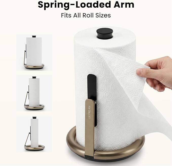Ultrean Paper Towel Holder Countertop, Freestanding Paper Towel Dispenser with Spring-Loaded Arm for One-Handed Tear, Weighted Non-Slip Base, Stainless Steel for Kitchen, Gold