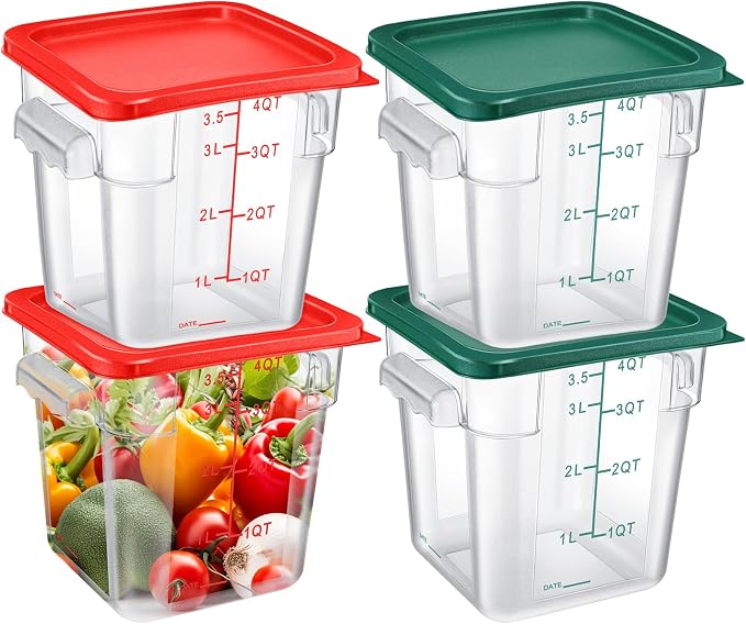 Maxcheck 4 Pcs 4qt Food Storage Container with Lids Bulk Clear Plastic Commercial Food Storage Bins with Scale Handle Space Saving Restaurant Tubs for Kitchen Prep Proof Dough(Red, Green)