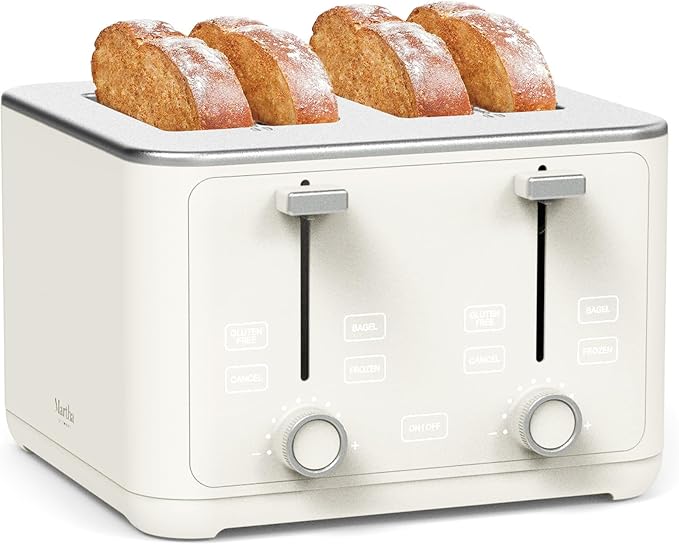 Martha Stewart 4 Slice Toaster, 10 Shade Settings with Defrost, Cancel, Bagel & Gluten-Free, Extra-Wide Self-Centering Slots for Waffles & Artisan Bread, Removable Crumb Tray, Cord Wrap, 1800W, Linen