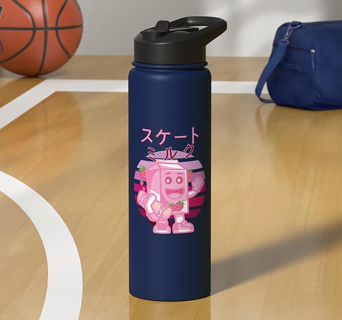 Retro 90s Japanese Skateboarding Strawberry Milkshake Carton Stainless Steel Insulated Water Bottle