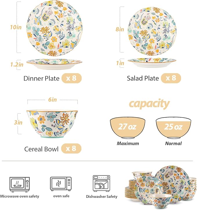 24-Piece Floral Pattern Ceramic Dinnerware Set (Service for 8) - High-Temp Fired, Microwave & Dishwasher Safe, Scratch-Resistant Kitchen Dining Plates Bowls Set