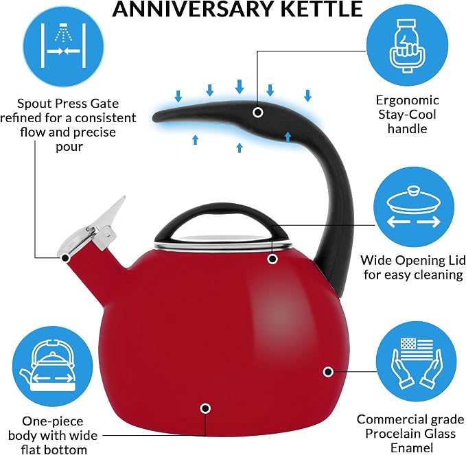Chantal Anniversary Enamel-on-Steel Whistling Teakettle, 2 quart, Chili Red