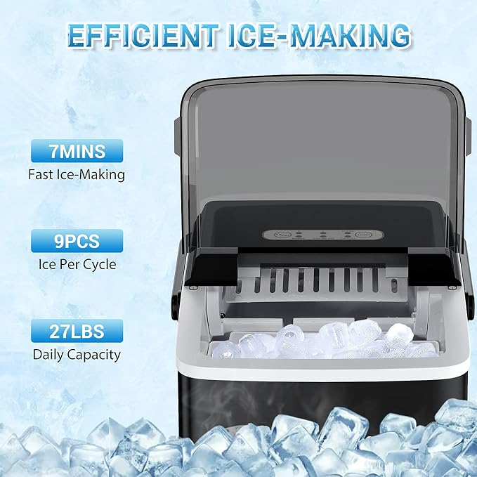 Portable Ice Maker, Elechomes Countertop Ice Maker Machine with Handle, 27lbs Ice Per Day, Compact Ice Machine with Self-Cleaning Function, Perfect for Home, Kitchen and Office