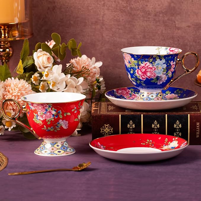 KAMMAK Tea Cups and Saucers Set of 2, Porcelain Coffee Cups, 9.8oz Stackable Espresso Mugs, Ceramic Demitasse for Coffee, Latte, Americano, Tea (635N+636N)