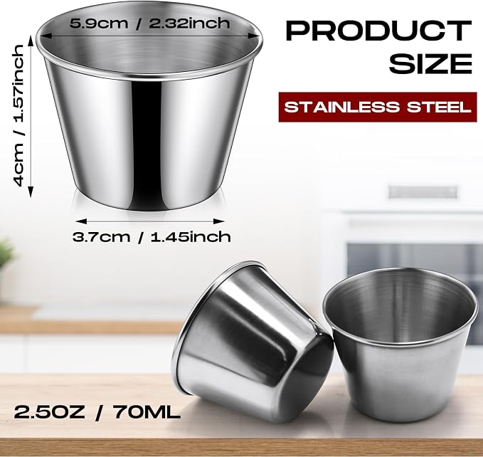 Potchen 24 Pieces 2.5 oz Metal Ramekins Sauce Cups Stainless Steel Condiment Cups Round Dipping Containers for Vinegar Butter Ice for Kitchen Restaurant Catering Camping BBQ Party