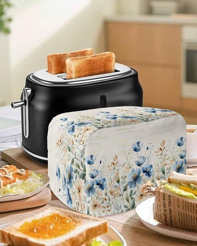 Blue Flowers Rustic Toaster Cover 2 Slice, Spring Vintage Botanical Dustproof Bakeware Oven Protector with Top Hook, Floral Beige Waterproof Small Kitchen Appliance Toasters Dust Cover, 12"x7.5"x8"
