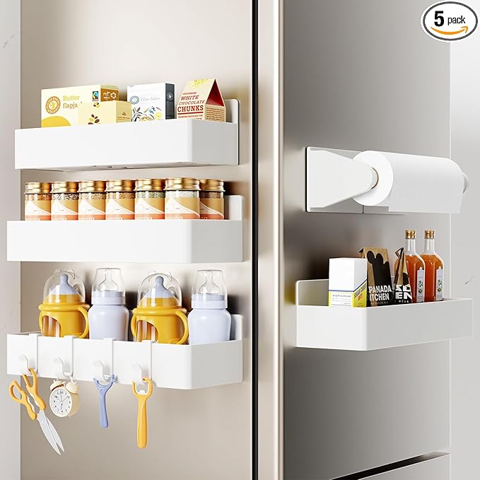 Mystozer Magnetic Spice Rack for Refrigerator, 4 Pack Magnetic Shelf and 1Pack Paper Towel Holder,Fridge Organizers and Storage White(5 Pack)