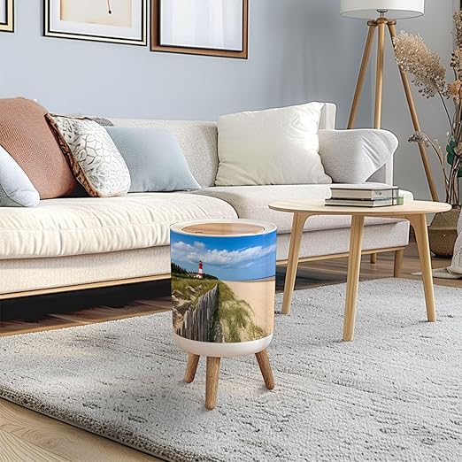 Trash Can with Lid Barnegat Lighthouse Sand Beach Fence New Jersey Press Top Round Small Garbage Bin with Wooden Legs Waste Basket for Kitchen Bedroom Nursery 7L/1.8 Gallon