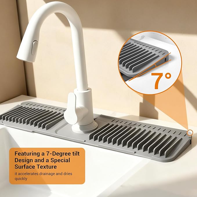 ZJWZLG Faucet Mat for Kitchen Sink, 24"X5.5" Silicone Sink Splash Guard with Soap Holder, Snap-On Design & 7°slope Fast Drain, Folding Sink Faucet Mat for Universal Kitchen Bathroom Sink（Grey）
