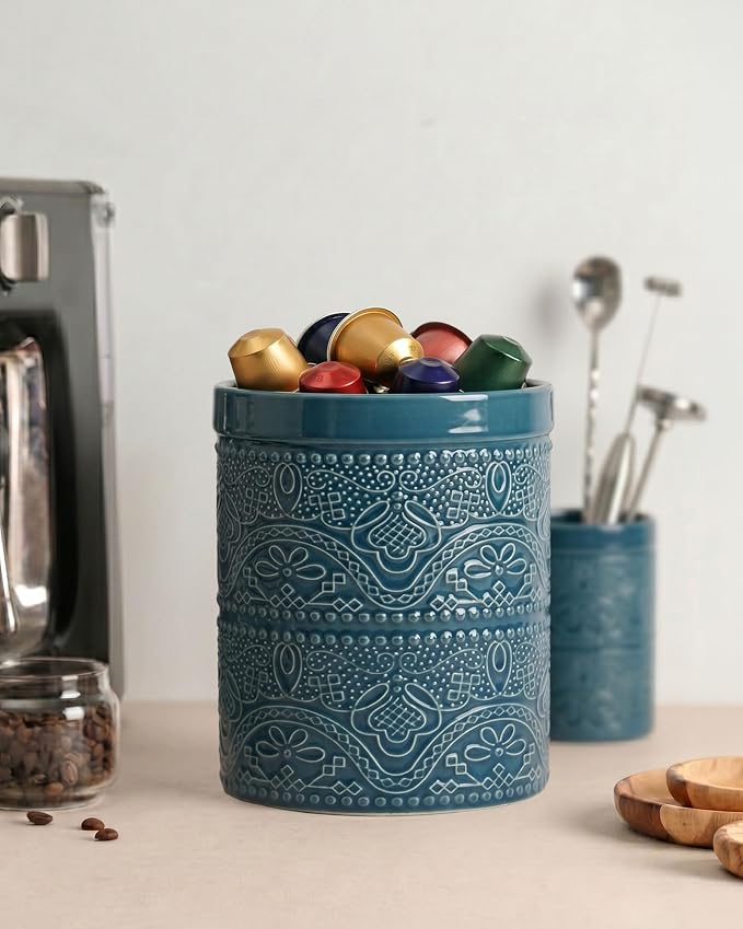 FUN ELEMENTS Kitchen Utensil Holder, 7.2+5.5" Super Large Utensil Crock Heavy and Stable Lace Emboss Ceramic Utensil Holder for Kitchen Counter(2Pcs Grayish Blue)