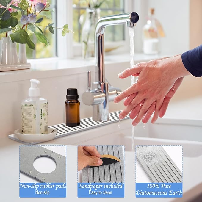 Stone Faucet Mat for Kitchen Sink- 15.6''x 3.9''Diatomite Fast-Drying Faucet Mat, Super Water Absorbing Stone Tray for Sink,Faucet Splash Guard for Bathroom Counter (Gray)
