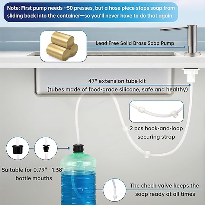 Avola Kitchen Sink Soap Dispenser, Solid Brass Pump with 47" Food-Grade Silicone Extension Tube & 17oz PET Bottle,in or Under Sink Installation, Brushed Nickel, Anti-Reflux Built in Soap Dispensers