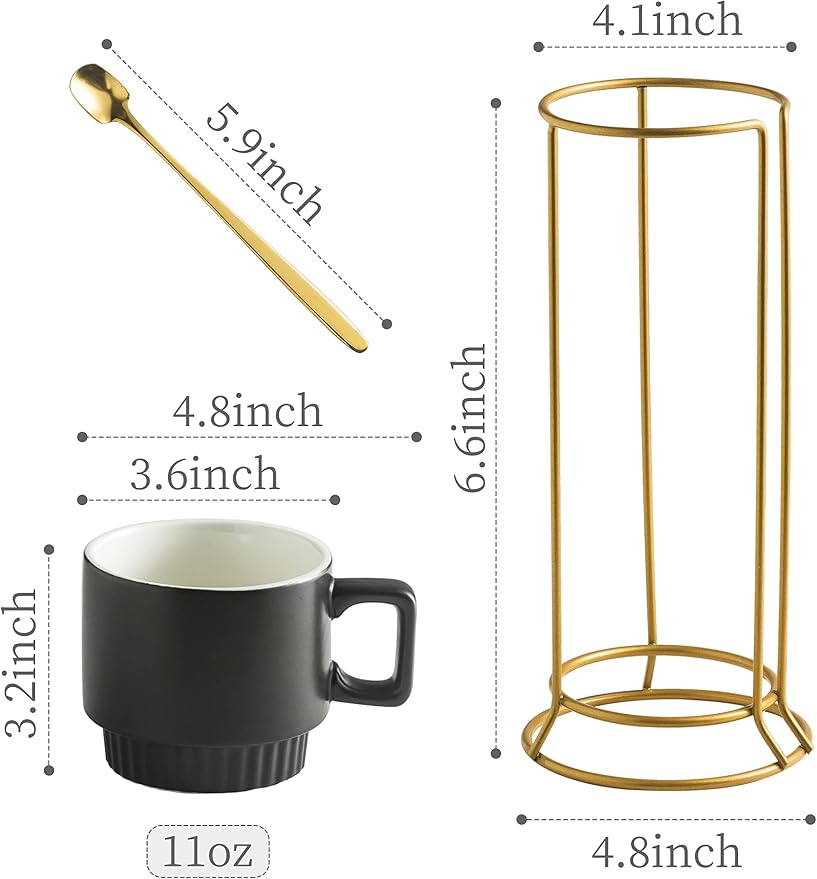 Miamolo Stackable Coffee Mugs with Stand Set of 4, Space-saving Storage | 11oz, Ceramic Latte Mugs | for Espresso Cappuccino Tea Hot Cocoa | Dishwasher & Microwave Safe | Housewarming Gift | Black