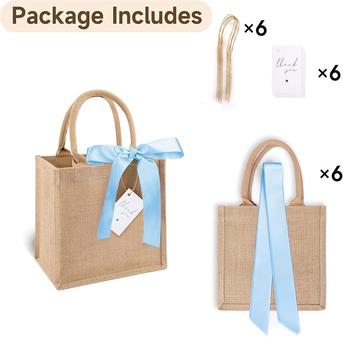 6 Pack Burlap Tote Bags with Handles Reusable Mini Jute Gift Bags with Blue Silk Ribbons Waterproof Lining for Wedding Bridesmaid Mother's Day Bachelorette Beach Party