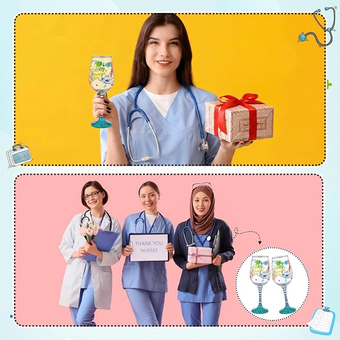 SiliFine 2 Pcs Nurse Stemmed Wine Glasses Hand Painted Drinking Cup Wine Glasses Gifts for Certified Nursing Assistants CNA Week Appreciation Nurses' Day Holiday Party Supplies