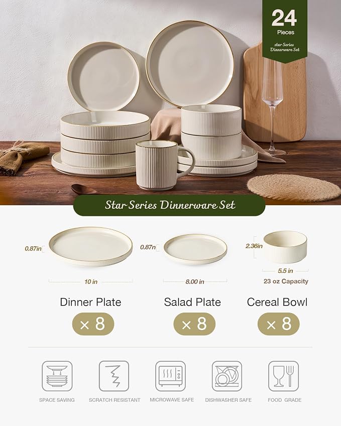 Famiware Star 24-Piece Stoneware Dinnerware Sets with Trim, Service for 8 - Ceramic Plates and Bowls Set, Ribbed Dishes with High Edge, Chip & Scratch Resistant, Microwave & Dishwasher Safe, White