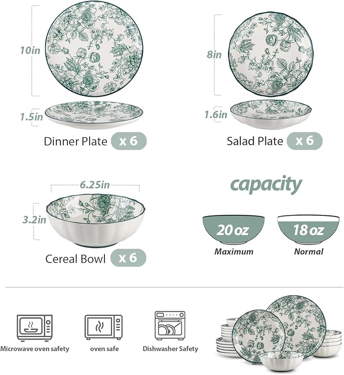 18-Piece Dinnerware Set Service 6, Porcelain Plates and Bowls Set, Vintage Green Rose Scalloped Edge, French Country Aesthetic, Microwave Dishwasher Safe