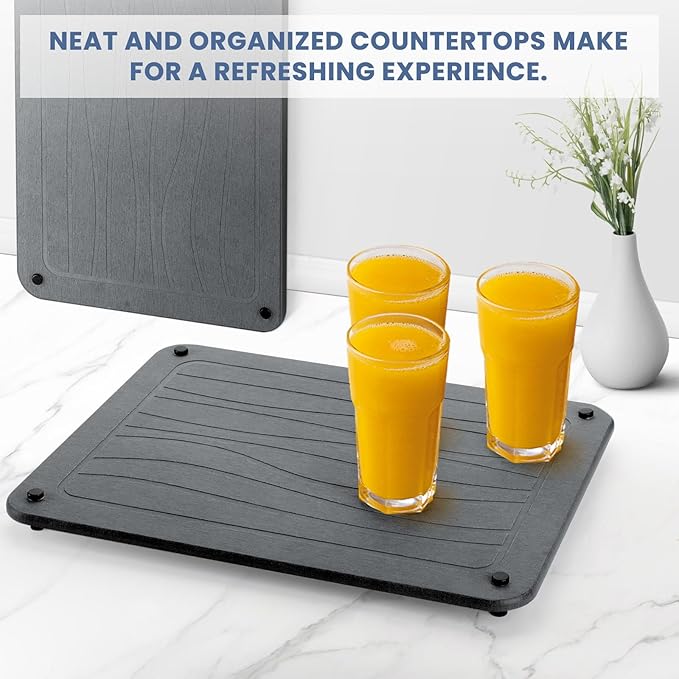 Stone Dish Drying Mats for Kitchen Counter 15.7"x 11.8" Quick Dry Stone Drying Mat Super Absorbent Diatomaceous Earth Drying Mat with 4 Non-Slip Stainless Steel Feet for Dishes&Cups Dark Grey