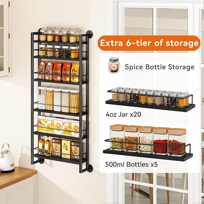 IBUYKE 6 Tier Over The Door Pantry Organizer,Wall Mounted Spice Rack,Door Hanging or Wall,Adjustable Hanging Storage Shelves,Spice Organization for Kitchen cabinet,Bathroom,Closet,Black UTLJ028B