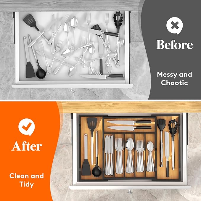 Lifewit Silverware and Cooking Utensil Drawer Organizer Set – Expandable Adjustable Bamboo Storage for Cutlery, Flatware, Spoons, Forks, Knives, and Kitchen Tools, BPA-Free, Natural and Black