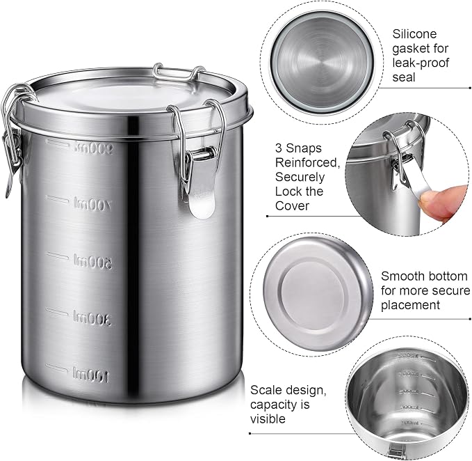 Sabary 4 Pcs Stainless Steel Airtight Food Containers for Kitchen 84oz 54oz 34oz 17oz Coffee Bean Flour Sugar Tea Cereal Cookie Metal Food Storage Canisters with Lids and Sturdy Locking Clamp