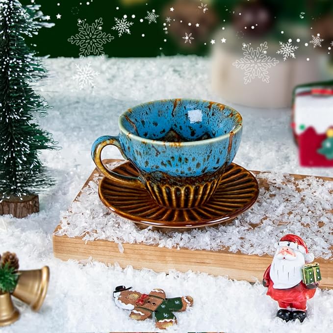 4 oz Espresso Cups Set of 6, Ceramic Cappuccino Cups with Saucers, Stackable Coffee Cup for Macchiato, Double shot, Tea, Coffee Lover Gifts, Glazed Blue