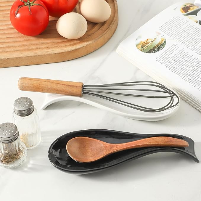 Ceramic Spoon Rest for Stove Top, Large 8.7 Inch Spoon Holder for Kitchen Counter,Porcelain Utensil Rest for Ladle,Spatula,Housewarming Gift,Dishwasher Safe and Heat-Resistant,White and Black,Set of 2