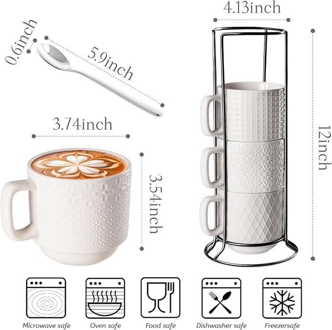 Large Coffee Mug Set of 4 with Stand and Spoons – 14oz Heavy Duty Ceramic Cups for Breakfast Coffee, Hot Drinks, Cocoa – Microwave & Dishwasher Safe – Big Porcelain Mugs Gift for Home Use