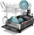 Home Zone Living Large 2-Tier Stainless Steel Dish Drying Rack with Drain Pipe and Utensil Holders