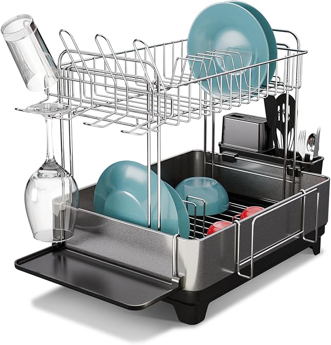 Home Zone Living Large 2-Tier Stainless Steel Dish Drying Rack with Drain Pipe and Utensil Holders