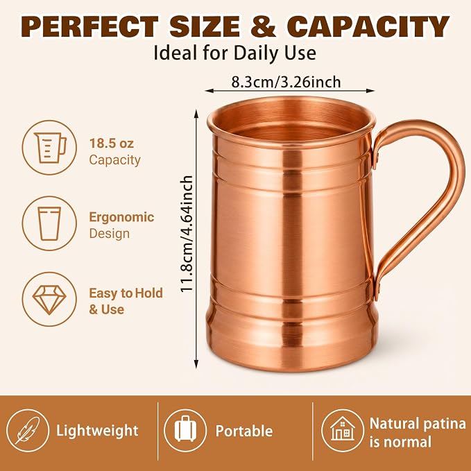 Willinglong 2 Pcs Pure Copper Tumbler with Handle, 18 oz Moscow Mule Mug Copper Cups for Drinking, Coffee Mugs Vessel for Family Health Water, Iced Coffee Tea Cocktails Home Bar Camping