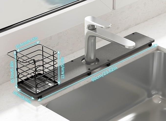 YIGII Faucet Mat for Kitchen Sink with Brush Holder, 23.6 Inch Absorbent Sink Splash Guard, Diatomite Stone Sink Mat for Bathroom Counter, Fast Drying Around Faucet
