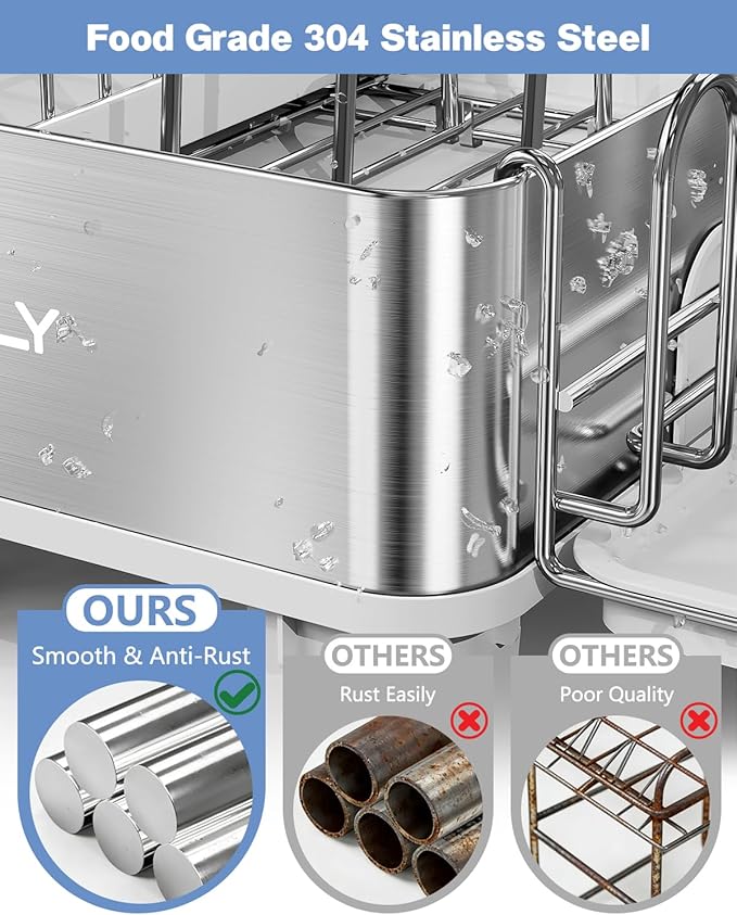 Dish Drying Rack, 304 Stainless Steel Expandable Dish Rack with Adjustable Drain Spout, Large Capacity Dish Drainer with Utensil Holder, Cup Holder and Cutting Board Rack for Kitchen Counter, White