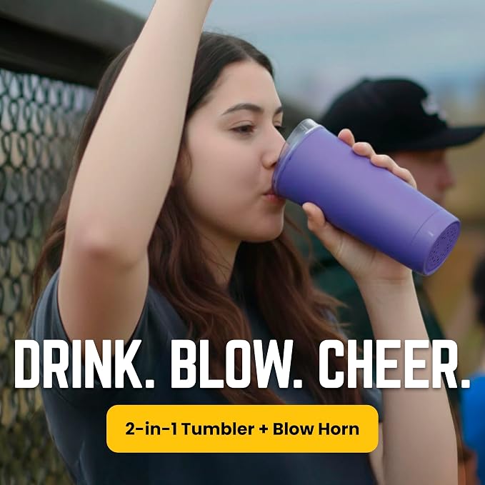 The LoudCup Blow Horn Tumbler, Cheer & Sip 2-in-1 Reusable Water Bottle with Built-In Horn for Sports Games, Tailgates, Parties & Events, BPA-Free, 16 oz, Jet Black
