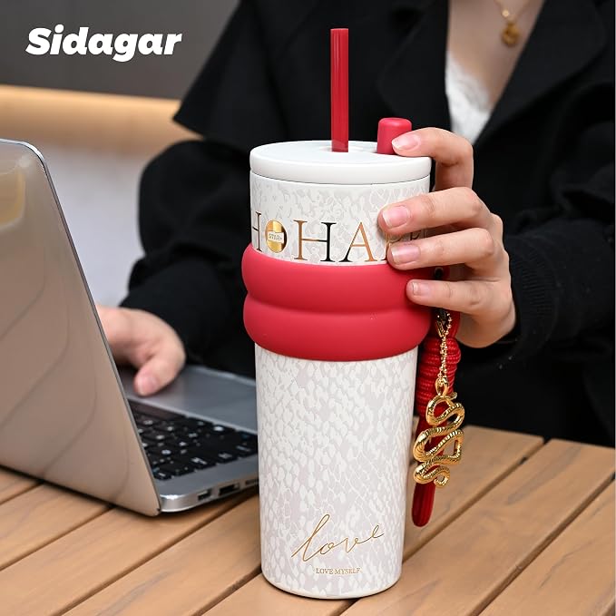 24 oz Tumbler with Lid and Straw, Insulated Coffee Mug Leak Proof, Portable Iced Travel Water Bottle, Reusable Thermal Coffee Cup, Gifts for Women, Pearl White