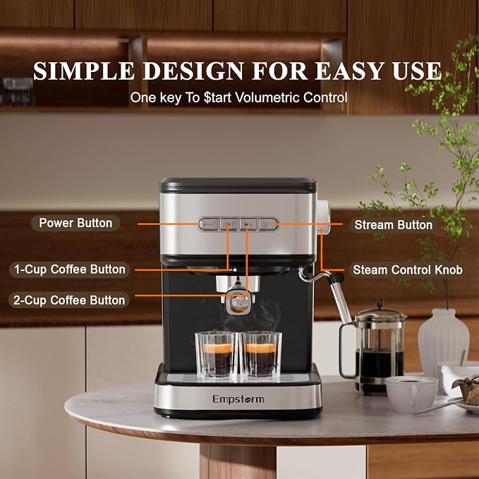Empstorm 20 Bar Espresso Machine, Cappuccino Machines with Milk Frother Steam Wand, Stainless Steel Latte Machine for Home&Barista, Automatic Shut-off Function
