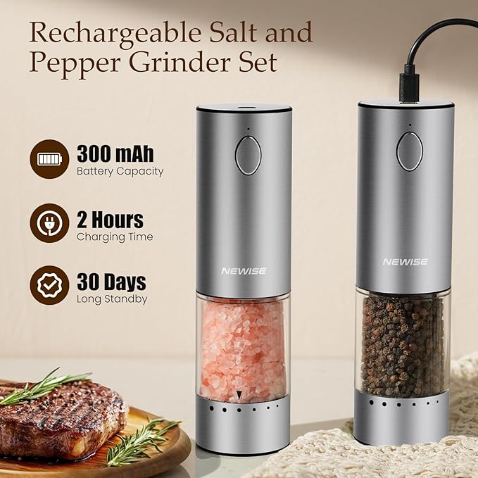 Newise Electric Salt and Pepper Grinder Set - Rechargeable Stainless Steel Salt and Pepper Shakers with LED Lights, Adjustable Coarseness, Large Capacity, Gifts for Women