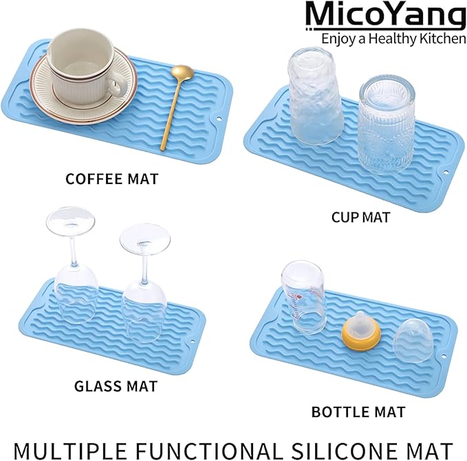 MicoYang Silicone Dish Drying Mat for Multiple Usage,Easy clean,Eco-friendly,Heat-resistant Silicone Mat for Kitchen Counter or Sink,Refrigerator or Drawer Liner Light Blue S 12 inches x 6 inches