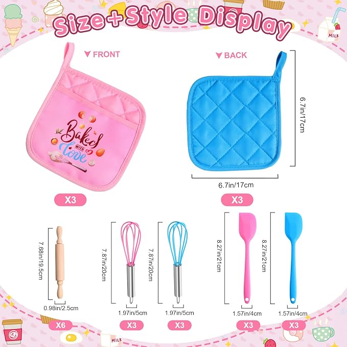 RoundFunny 24 Pcs Kids Mini Baking Supplies with Kitchen Utensil, Pot Holders, Spatula, Rolling Pin, Whisk for Kids Classroom School Exchange Party Favors (Medium)