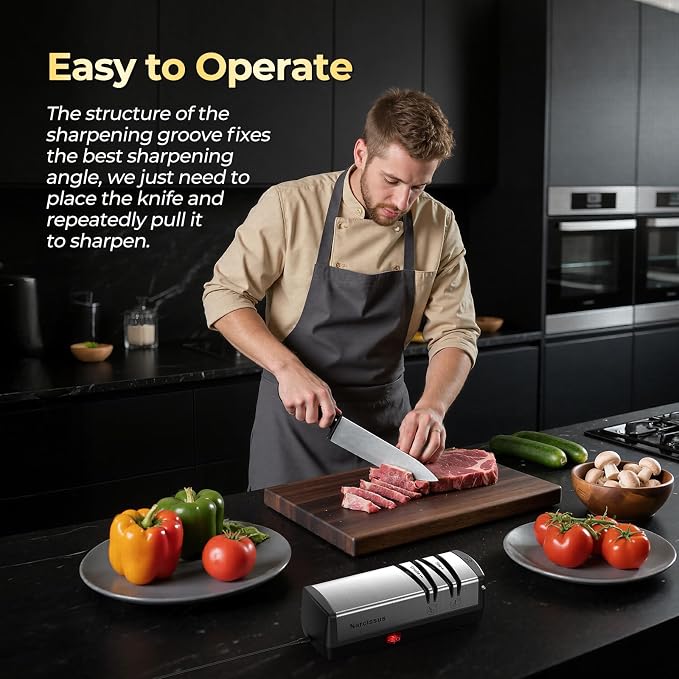 Narcissus Knife Sharpener, Diamond Abrasives Electric Knife Sharpener for Stainless Steel and Ceramic Knives, with Scissors Sharpener & Metal Dust Collection Box, Quick Sharpening & Polishing, Silver