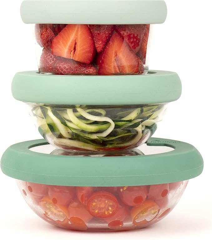 Food Huggers Replacement Lids for Glass Storage Containers | Silicone & Glass Lids that Don’t Crack | Fits Round Container Brands & Bowls | 100% Plastic Free | 3 Lid Set (XS,S,M), Gradual Green
